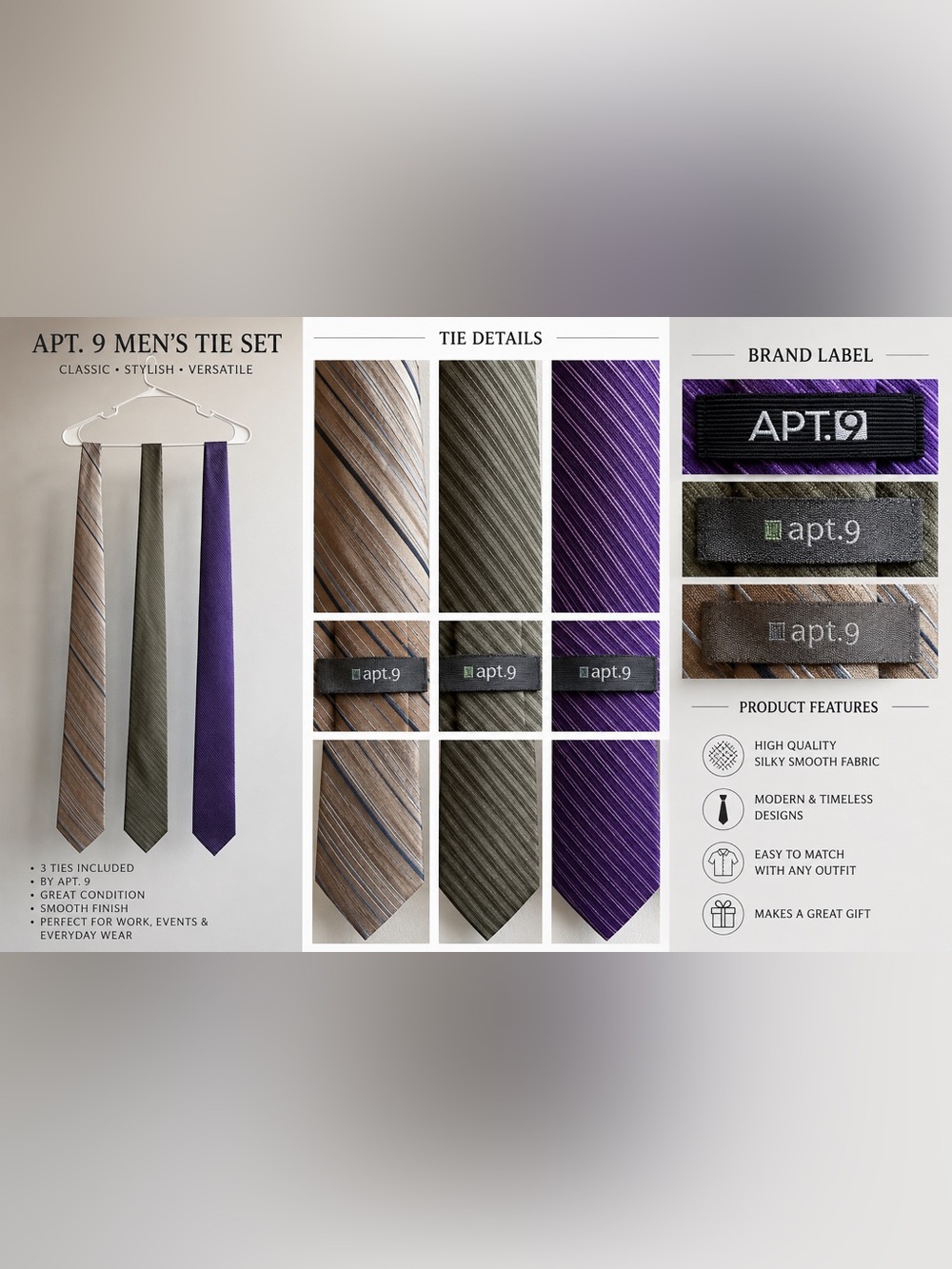 Apt. 9 100% Silk Brown, Olive and Purple Striped Tie Set SET OF 3 ❤️